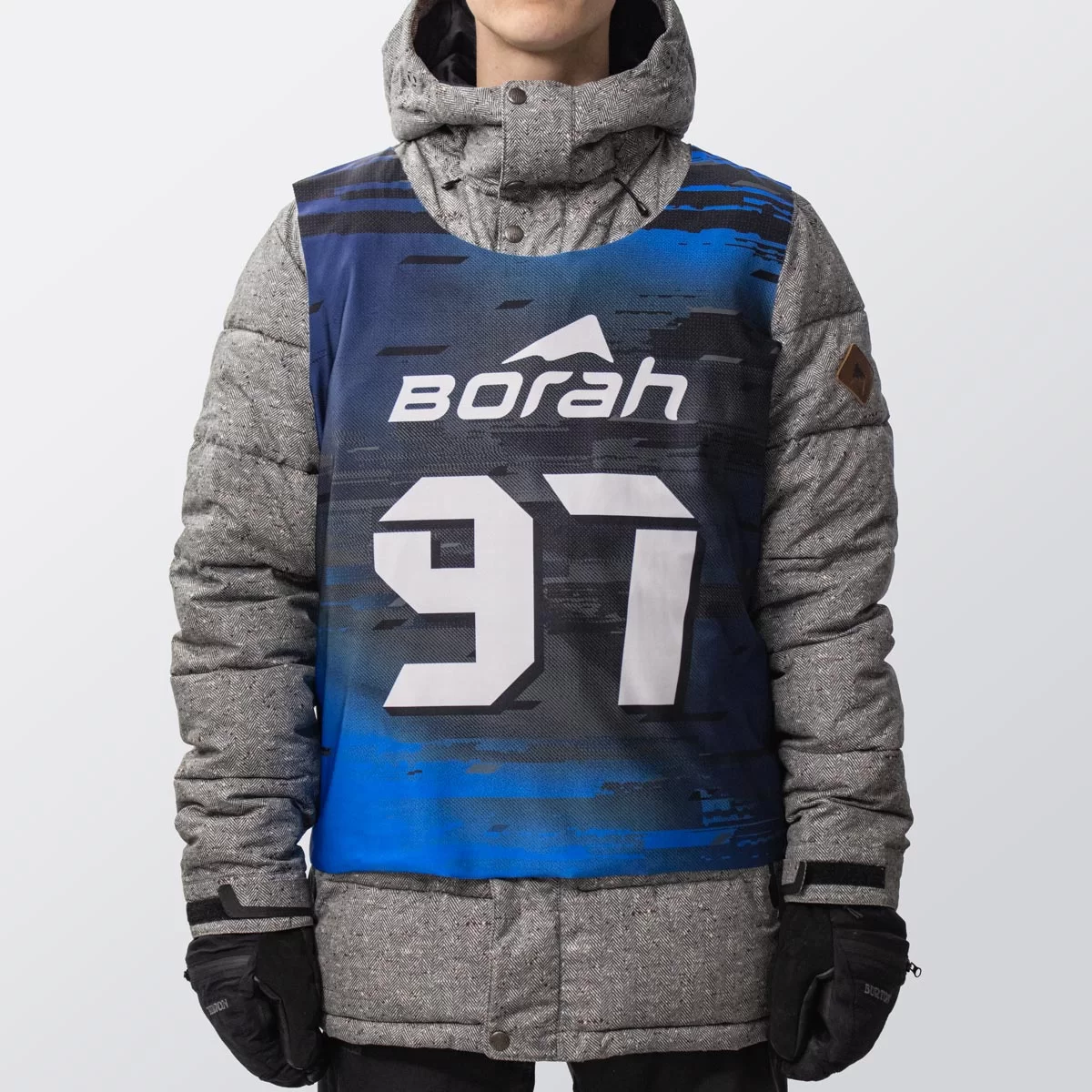 Custom Snowboard Bibs, front view.