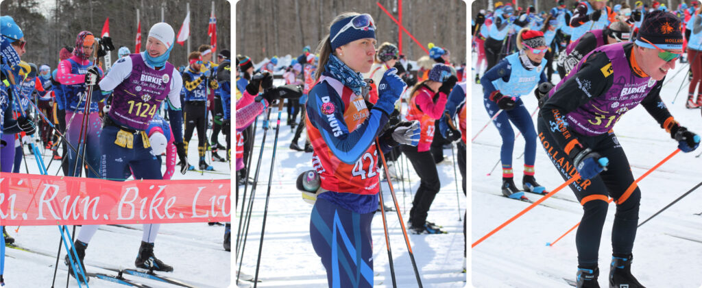 Three photos of Birkie skiers wearing Borah Nordic race suits.